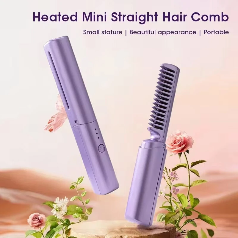 (image for) Portable Mini Electric Hair Brush Dual Use Hair Straightener Curler USB Charging Temperature Adjustable Straightener Curler Comb